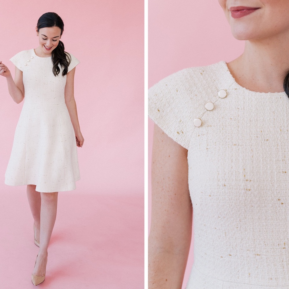Gal Meets Glam NWOT Elegant Cream Tweed Dress with Button Detail & Pockets